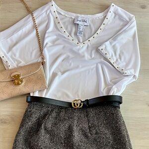 Joseph Ribkoff White Studded V-Neck Top Gold Trim Size 8